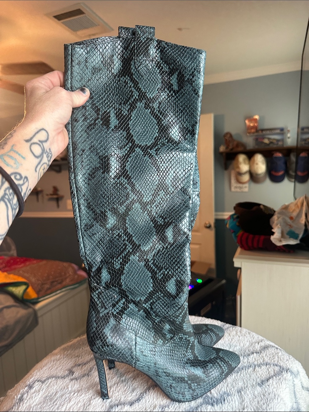 Vince Camuto Teal Snake-Print Stiletto Knee Boot